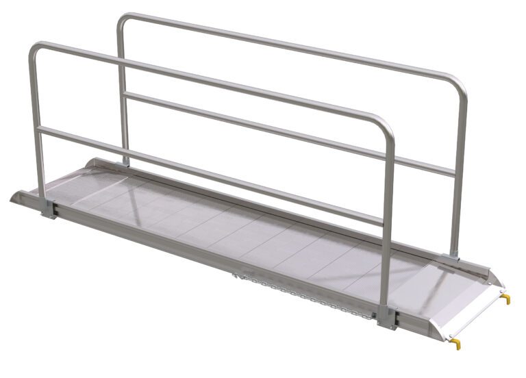 AWR-28-10B-HR_A.jpg The Vestil Alum Walk Ramp Handrail Hook (121.56 x 28 in) has handrails on both sides, a textured surface for grip, and wheels at one end for easy transport. It offers lightweight sturdiness for excellent accessibility or efficient loading.