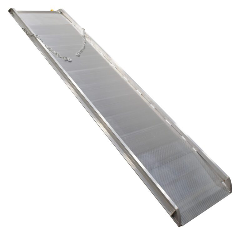 AWR-28-10B_A.jpg The Vestil Alum Walk Ramp Hook Style 121.56 X 28 In features a textured aluminum surface for traction, lightweight and durable construction, raised safety edges on both sides, and a top chain for accessibility.