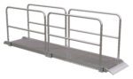 The Vestil Alum Walk Ramp Handrail Overlap, measuring 144 x 28 inches, features durable handrails and a nonslip surface with a gentle incline for easy access over steps or low platforms, ensuring safety and reliability.
