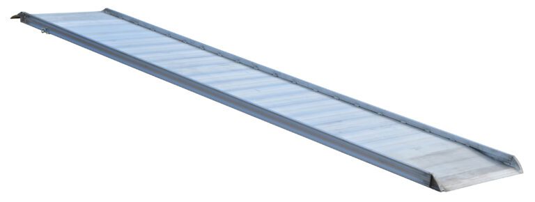 AWR-28-12A_A.jpg The Vestil Alum Walk Ramp Overlap Style 144 x 28 inches, photographed at a slight angle, showcases its raised sides and grooved surface, with the aluminums length and metallic texture highlighted against a plain white background.
