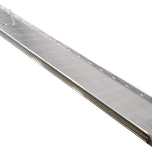 The Vestil Alum Walk Ramp Overlap Style 168 X 28 In includes side rails, a safety chain for security, and a textured surface for reliable traction; ideal for accessibility or loading with its slight incline.