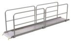 The Vestil Alum Walk Ramp Handrail Hook 169.25 X 28 In boasts sturdy handrails, a grated surface for optimal traction, and visible safety hooks at the lower edge for secure use. Its modular design ensures accessibility.