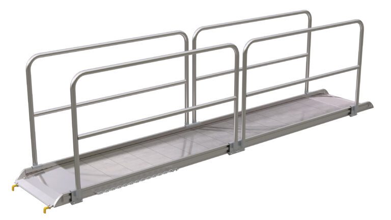 AWR-28-14B-HR_A.jpg The Vestil Alum Walk Ramp Handrail Hook 169.25 X 28 In boasts sturdy handrails, a grated surface for optimal traction, and visible safety hooks at the lower edge for secure use. Its modular design ensures accessibility.