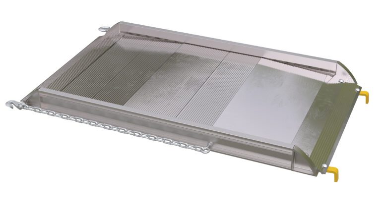 AWR-28-4B_A.jpg The Vestil Alum Walk Ramp Hook Style 49.93 X 28 In features a textured, non-slip surface, safety side rails, a chain attachment for secure placement, and yellow handles on each end for easy carrying or positioning.