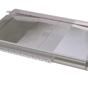 The Vestil Alum Walk Ramp Hook Style 49.93 X 28 In features a textured, non-slip surface, safety side rails, a chain attachment for secure placement, and yellow handles on each end for easy carrying or positioning.