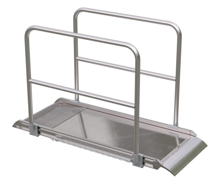The Vestil Alum Walk Ramp Handrail Overlap 72 x 28 inches is a compact metallic wheelchair ramp with handrails on both sides, a textured surface, and slight inclines at each end for easy access.