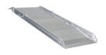 The Vestil Alum Walk Ramp Overlap Style 72 x 28 in boasts a smooth surface with raised edges, a slightly inclined design, shiny silver construction, and includes a side chain for secure attachment.