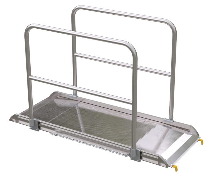 AWR-28-6B-HR_A.jpg The Vestil Alum Walk Ramp Handrail Hook, measuring 73.87 x 28 inches, is a sturdy metal platform with a grated surface and slight incline, designed for safely moving heavy items. Safety rails provide reliable support on both sides.