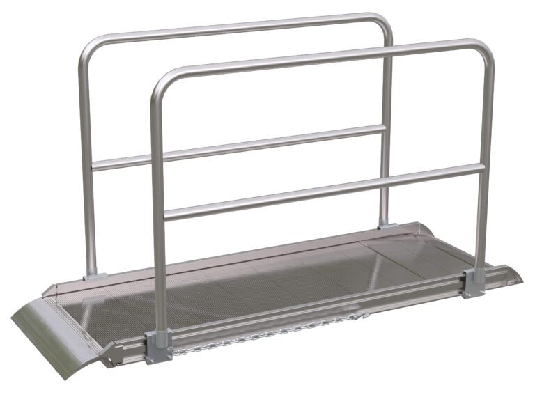 The Vestil Alum Walk Ramp Handrail Overlap, measuring 84 x 28 inches, is made of durable silver aluminum. It includes safety-enhancing side railings and a textured top for grip, making it ideal for wheelchairs and mobility devices due to its gentle slope design.