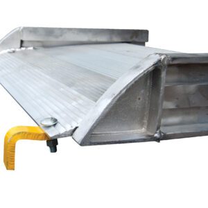 Close-up of a metal loading ramp with a corrugated surface and yellow L-shaped brackets, featuring the Vestil Alum Walk Ramp Hook Style 85.81 x 28 in. The side view highlights its sturdy construction and securing mechanism.