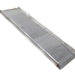 The Vestil Alum Walk Ramp Hook Style (97.68 X 28 inches) features raised edges and a textured surface, with two side chains ensuring stability as it inclines, highlighting its robust build and functionality.