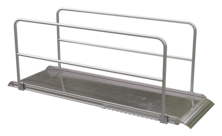 AWR-38-10A-HR_A.jpg The Vestil Alum Walk Ramp Handrail Overlap 120 x 38 inches is a metallic wheelchair ramp with side rails, featuring a textured surface for accessibility and aiding movement over elevation changes.