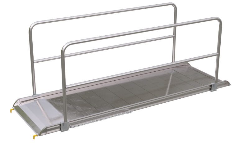 AWR-38-10B-HR_A.jpg The Vestil Alum Walk Ramp Handrail Hook, measuring 121.56 x 38 inches, features a portable aluminum design with side rails and handrail hooks. Its flat surface and safety edges provide reliable mobility access for wheelchairs or pedestrians, ensuring secure passage anywhere.