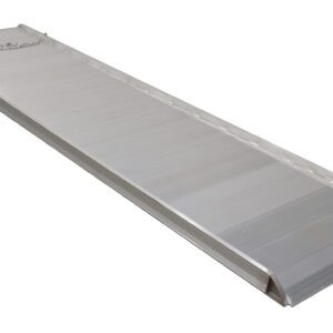 The Vestil Alum Walk Ramp Overlap Style 144 x 38 in has a textured surface, side rails, and a safety chain for safely loading equipment or vehicles onto elevated surfaces, ensuring stability and ease of use.