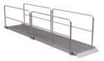 The Vestil Alum Walk Ramp Handrail Overlap 192 x 38 In features side railings and a flat surface, ideal for accessibility. Its slightly sloped ends ensure smooth transitions, making it practical and reliable. Displayed on a white background, this aluminum ramp is an excellent choice.