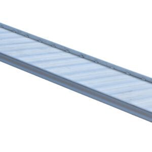 The Vestil Alum Walk Ramp Overlap Style 192 x 38 In is a long, narrow metal ramp with raised edges that tapers slightly at one end, featuring a shiny, ribbed texture against a plain white background.