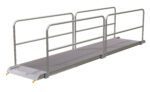 The Vestil Alum Walk Ramp Handrail Hook, measuring 193.12 x 38 inches, features handrails on both sides and a non-slip surface for easy wheelchair access or safe walking over elevated areas.