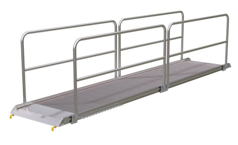 The Vestil Alum Walk Ramp Handrail Hook, measuring 193.12 x 38 inches, features handrails on both sides and a non-slip surface for easy wheelchair access or safe walking over elevated areas.