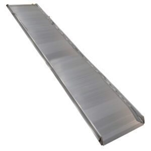 The Vestil Alum Walk Ramp Hook Style, sized 193.12 x 38 inches, features raised edges for accessibility and a smooth, slightly reflective surface. Lightweight and portable, it provides an ideal solution for diverse mobility needs.