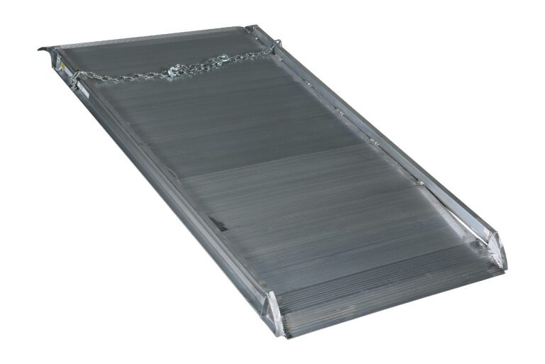 AWR-38-6A_A.jpg The 72 x 38 in Vestil Alum Walk Ramp Overlap Style features a ribbed metal surface, raised edges, and a top safety chain for secure use. Its slight angle is ideal for providing access or loading on elevated surfaces.