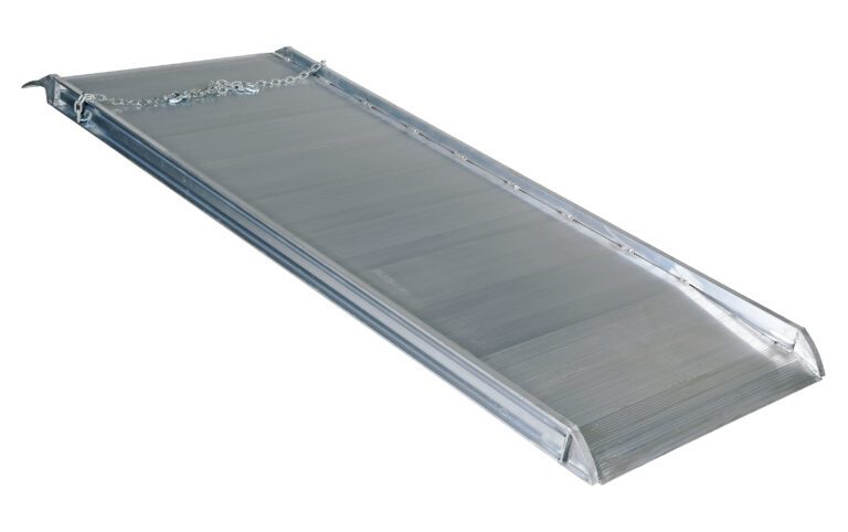 A shiny, metallic slide made of corrugated metal resembles the sleek design of a Vestil Alum Walk Ramp Overlap Style 96 X 38 In, with raised edges and a small chain at the top. Its smooth surface brilliantly reflects light.