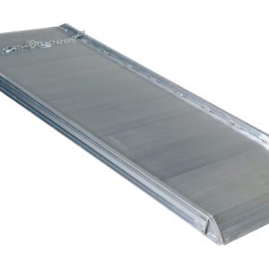 The Vestil Alum Walk Ramp Overlap Style 108 x 38 inches, featuring a silver metal design and top chain, has a slightly angled shape with raised side edges for support and safety on a stark white background.