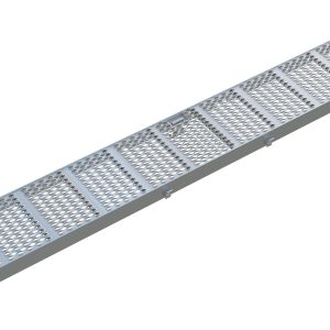 The Vestil Aluminum Grip Ramp Extension features a long perforated surface for traction and a curved end, with a silver metallic finish that ensures durability, making it perfect for loading and unloading vehicles or equipment.