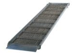The Vestil Alum Grip-Strut Walk Ramp 29.38 X 143.75 features a grated surface and raised edges for durability and traction, along with a slightly angled design and ribbed bottom section for extra grip during use.