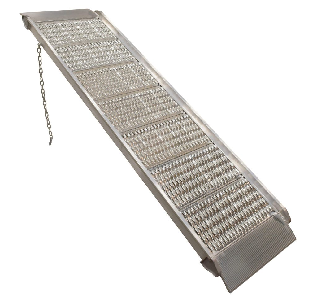 AWR-G-28-8A_A.jpg The Vestil Alum Grip-Strut Walk Ramp 29.38 X 96.75 offers a textured, perforated surface and a side chain for stability, ensuring safe vehicle or mobility aid access with its robust design.