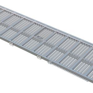 The Vestil Aluminum Split Grip Ramp features a grated surface with diamond-shaped holes for traction and raised edges for improved safety, making it perfect for loading tasks.