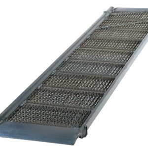 The Vestil Alum Grip-Strut Walk Ramp 39.38 x 190.75 features a grated surface for traction, raised edges, and a smooth angled lip, perfect for accessibility or loading equipment.