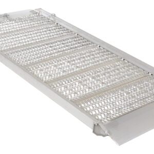 The Vestil Alum Grip-Strut Walk Ramp 39.38 X 85 features a textured, non-slip surface and raised edges for safety, making it perfect for versatile loading tasks with its slight incline and robust build, ensuring reliable and easy use.
