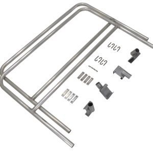 The display showcases a Vestil Aluminum Walk Ramp Rail Retro Fit 10 Ft and other metal parts on a white background, including semicircular rails, brackets, connectors, screws, and U-shaped hooks.