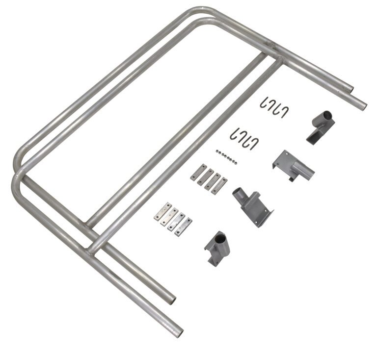 The display showcases a Vestil Aluminum Walk Ramp Rail Retro Fit 10 Ft and other metal parts on a white background, including semicircular rails, brackets, connectors, screws, and U-shaped hooks.