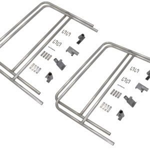 Two metal gate frames are side by side, with small metal parts like hinges, brackets, and screws between them. This is similar to how a Vestil Aluminum Walk Ramp Rail Retro Fit 12 Ft would be organized for assembly.