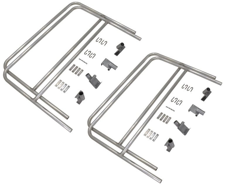 AWR-HR-12-RF_A.jpg Two metal gate frames are side by side, with small metal parts like hinges, brackets, and screws between them. This is similar to how a Vestil Aluminum Walk Ramp Rail Retro Fit 12 Ft would be organized for assembly.