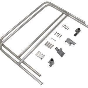 The Vestil Aluminum Walk Ramp Rail Retro Fit 6 Ft kit is showcased on a white background, featuring metallic components like two curved rails, brackets, screws, connectors, and hooks designed for effortless assembly or installation.