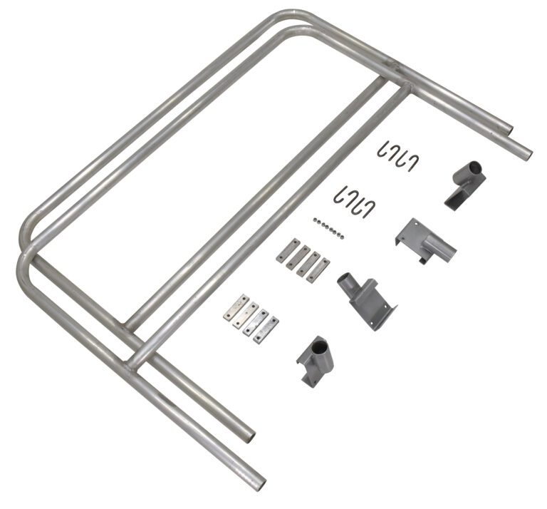 The Vestil Aluminum Walk Ramp Rail Retro Fit 6 Ft kit is showcased on a white background, featuring metallic components like two curved rails, brackets, screws, connectors, and hooks designed for effortless assembly or installation.