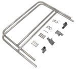 The Vestil Aluminum Walk Ramp Rail Retro Fit 7 Ft components, including two curved rail sections, connectors, brackets, hooks, and screws, are neatly arranged on a white surface to showcase the parts for easy assembly.