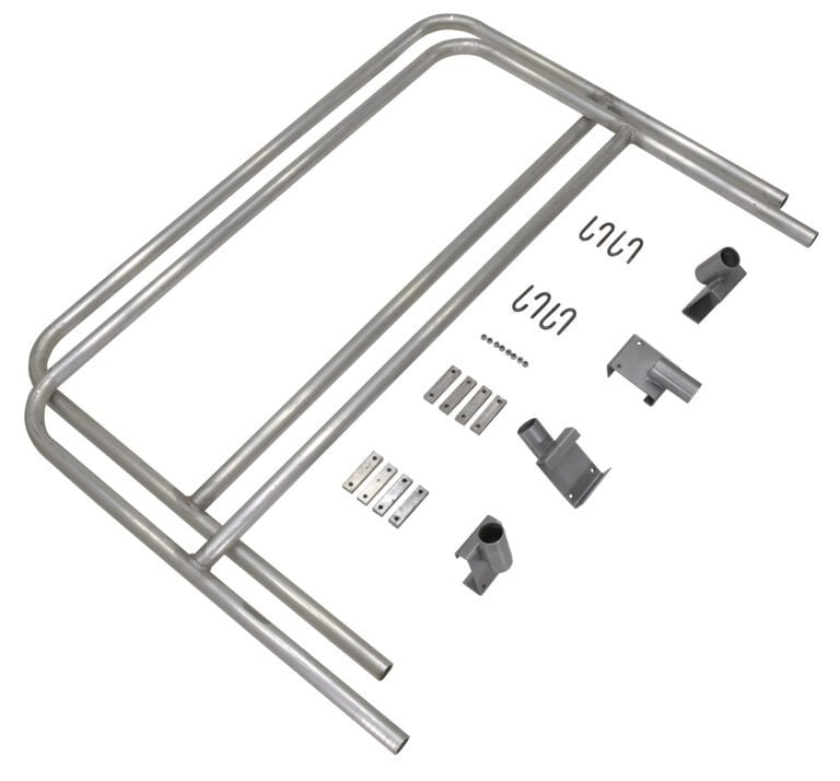 A disassembled kit for the Vestil Aluminum Walk Ramp Rail Retro Fit 9 Ft comprises two curved metal rods, multiple smaller parts, brackets, connectors, and screws, all displayed on a white background.