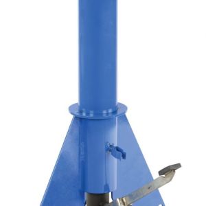 A tall, blue device with a round top platform and a base lever-spring mechanism resembling the Vestil Adjustable Height Work Stand, it efficiently elevates heavy objects like a hydraulic lift or jack stand.