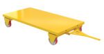 The Vestil All Wheel Steer Truck features a 36 x 72 deck, effortlessly moving loads up to 3,600 lb. This yellow flatbed trolley with a sturdy handle and four red wheels is perfect for transporting your toughest items with ease.