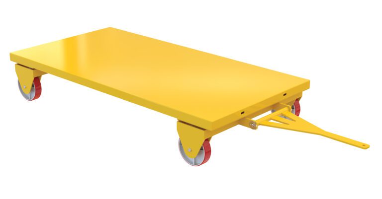 The Vestil All Wheel Steer Truck features a 36 x 72 deck, effortlessly moving loads up to 3,600 lb. This yellow flatbed trolley with a sturdy handle and four red wheels is perfect for transporting your toughest items with ease.