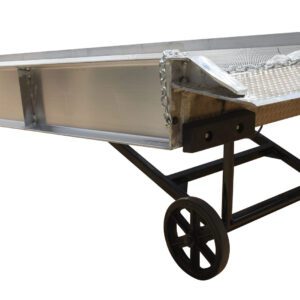 The Vestil Aluminum Yard Ramp, with a black frame and silver platform secured by a chain, features four wheels and an angled flat surface, ideal for effortless item transport.