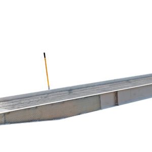 The Vestil Aluminum Yard Ramp 16K Lb 95W X 432L In is showcased. It supports up to 16,000 lbs, has a metal surface with guardrails and wheels for transport, and includes a yellow handle for maneuvering—perfect for loading vehicles or heavy equipment.