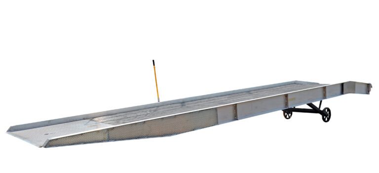AY-209336-L_A.jpg The Vestil Aluminum Yard Ramp 20K Lb 95W X 432L In features a metal loading ramp with wheels and a yellow handle, ideal for trucks or forklifts. Its textured surface enhances efficient cargo loading and unloading.