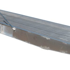The Vestil Aluminum Yard Ramp 25K Lb 86W X 360L In has a grated surface for loading vehicles or heavy equipment. It includes a support wheel and handle, offering a sturdy design with a 25,000 lb capacity for efficient use.