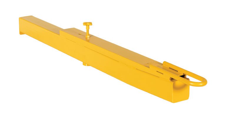 The yellow lifting beam with a rectangular base and adjustable hook pairs industrial aesthetics with functionality. Featuring the Vestil Yard Ramp Option-Tow Bar Hitch, it excels at effortlessly hoisting or moving heavy objects.