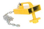 The product is a yellow industrial clamp tool, similar to the Vestil Replacement Tow Bar Pocket For Ramps, with a handle and adjustable screw. It includes an attached silver chain leading to the hook, all displayed on a white background.