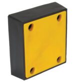 The Vestil Plastic Face Molded Rubber Bumper, measuring 11-13/16X12-13/16X3-7/8 inches in sleek black with a striking yellow front panel, features four corner holes for easy mounting, blending durability and style in a functional design.